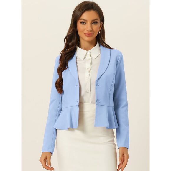 Short Blazer Lapel Ruffle Hem Work Office Blazers Light Blue - Picture 4 of 6